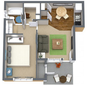 1 bed 1 bath floor plan, living room, dining area, kitchen, several closets, patio