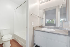 Interior Unit Bathroom, walk in shower, large well lit vanity, white cabinetry, wood floors.